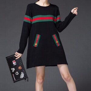 NWT Boutique Navy Green Red Stripe Sweater Dress Tunic Bee Embroidered M L